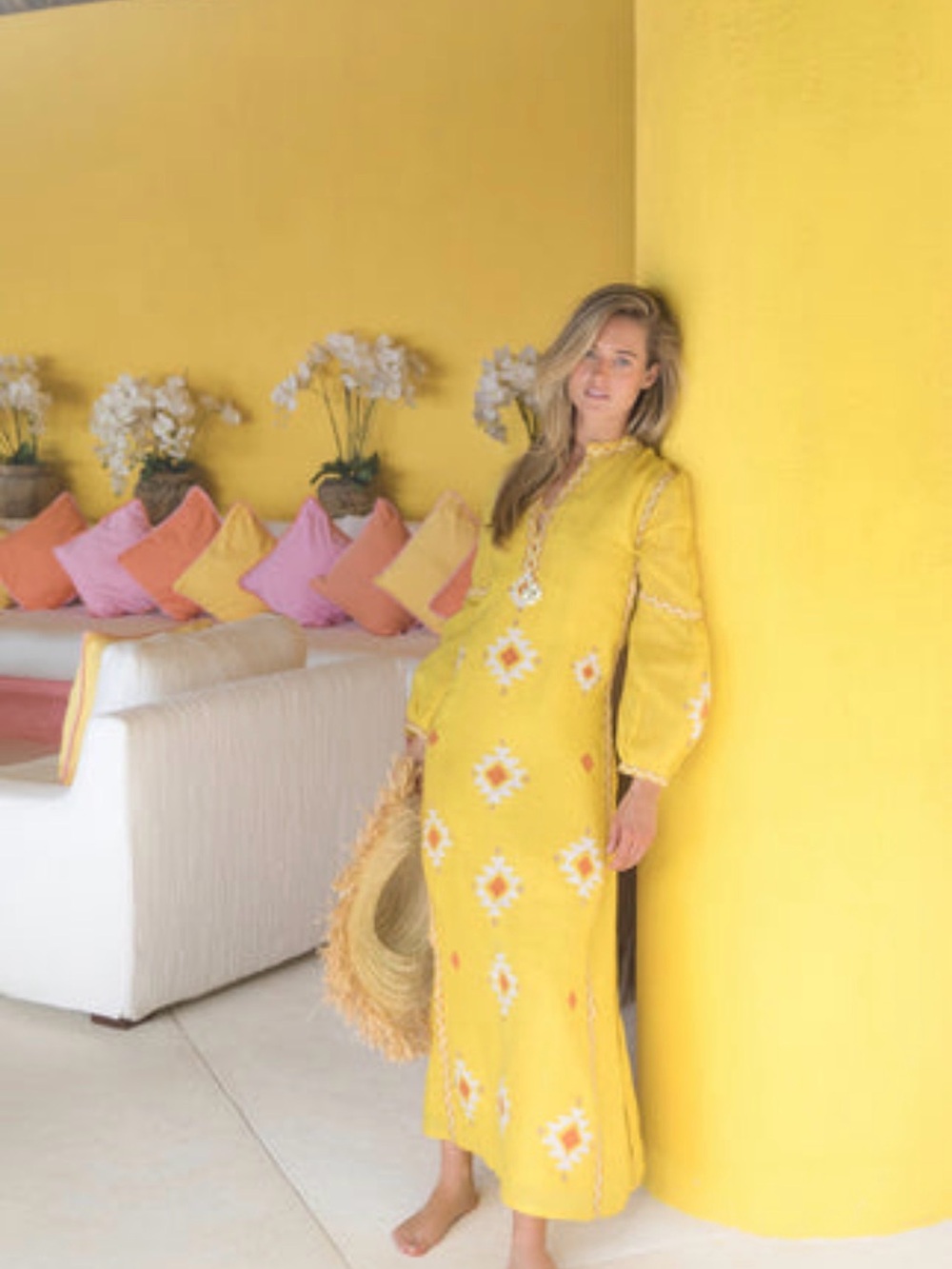 ASHA Linen Sunshine Embroidered Yellow Maxi Kaftan